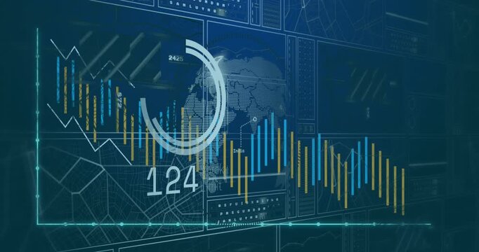 Animation of loading circles, changing numbers, graphs, navigation pattern on globe in background