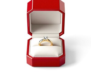 A gold and diamond ring is in a red box