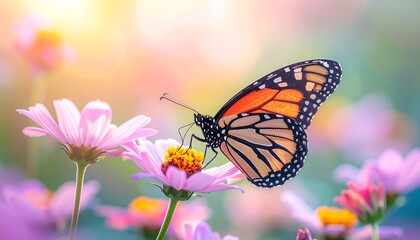 Fototapeta premium A vibrant monarch butterfly perched delicately upon a blooming pink flower, soft-focus background