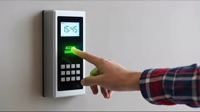 Clocking In: A close-up shot captures a hand interacting with a sleek, digital time clock, likely at a workplace. the focus is on a time-tracking device, symbolizing precision, and punctuality.
