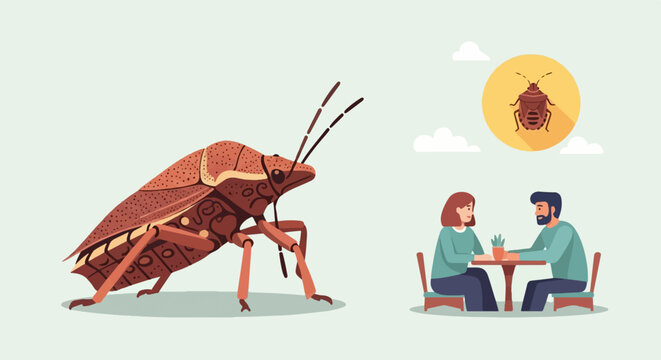 Large insect looms over couple at cafe table with icon of insect