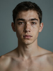 Obraz premium Close Up Portrait Of Shirtless Young Man With Prominent Freckles Looking At Camera For Skincare And Diversity Concept