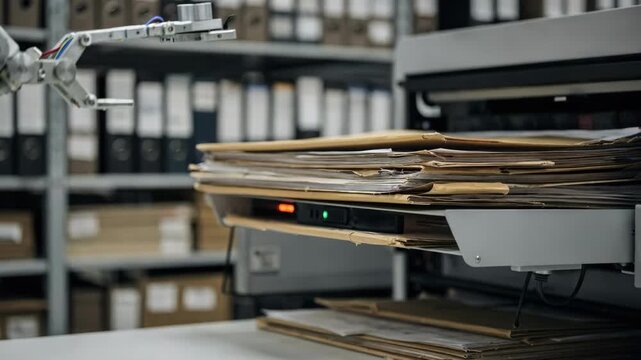 Automated document scanner capturing old file folders focus on the unfolding robotic feeder arm with outoffocus shelves of archived paperwork behind.