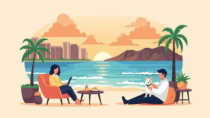 Obraz premium People enjoying a relaxing beach scene with a laptop and a dog
