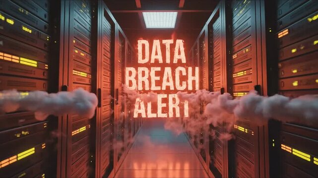 Data Breach Alert in Server Room: A server room is illuminated with a dramatic glow, with the words DATA BREACH ALERT taking center stage amidst digital data clouds, creating a sense of urgency.