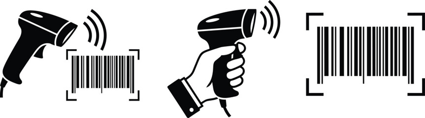 Barcode scanner illustration set, handheld laser barcode reader scanning product code, retail inventory checkout vector icons flat designBarcode scanner illustration set, handheld laser barcode reader © MstHafiza