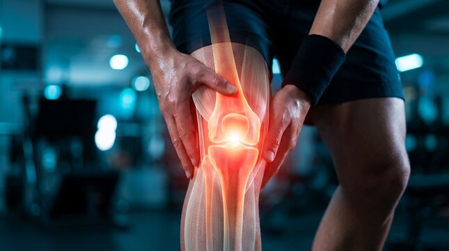 A person holds their knee with a glowing X ray view of the joint highlighting pain and injury within a fitness gym setting knee pain joint injury athlete pain muscle strain leg injury
