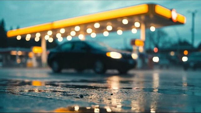 Gas Station at Dusk: A car gracefully pulls up to a gas station beneath the soft glow of its canopy lights, reflecting the wet road under the moody, fading light of dusk.