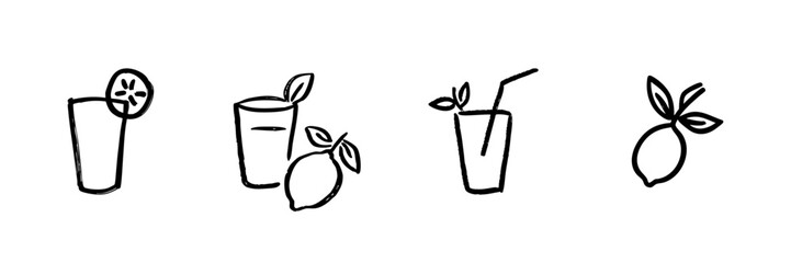 Fototapeta premium Lemonade And Citrus Drink Line Icon Set In Doodle Style. Refreshing Beverage, Summer Drink, And Citrus Fruit Outline Sketch Collection. Hand Drawn Isolated Vector Illustration