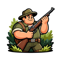 Fototapeta premium A burly hunter with a rifle. Dressed in hunting clothes. Cartoon mascot, illustration, clean lines, flat design, modern, high quality