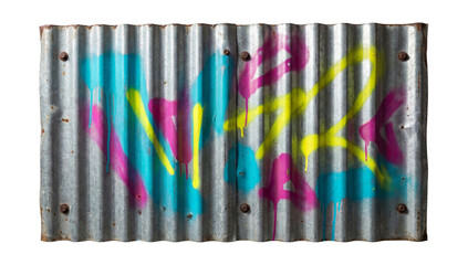 Naklejka premium Corrugated metal fence featuring graffiti art panels.