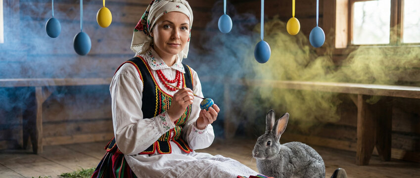 Kobieta w stroju ludowym maluje pisanki.