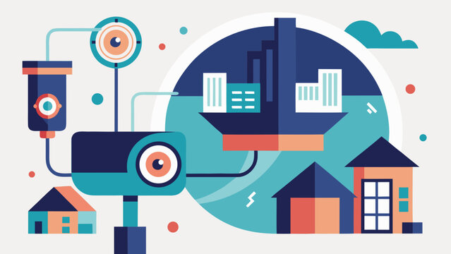 Surveillance cameras monitoring smart city buildings in flat futuristic style