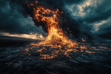 Fototapeta premium Erupting volcano spews lava into dark clouds at sunset creating a dramatic landscape