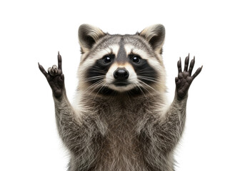 Obraz premium highly detailed anthropomorphic raccoon standing upright on white studio backdrop, making the 'sign of the horns' rock gesture, sharp macro focus, high-key lighting. concept of animal humor and