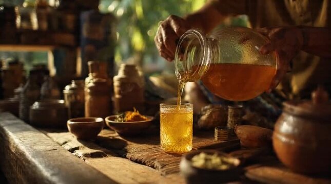 Traditional Jamu Seller Pouring Herbal Drink