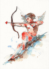 Obraz premium Hand-painted watercolor illustration set of a cherubic cupid in various poses with a bow and arrow, featuring authentic paper texture for a classic and romantic aesthetic.
