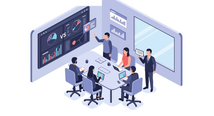 Business professionals collaborating around a table with data visualizations on screens in a modern meeting room from an isometric viewpoint