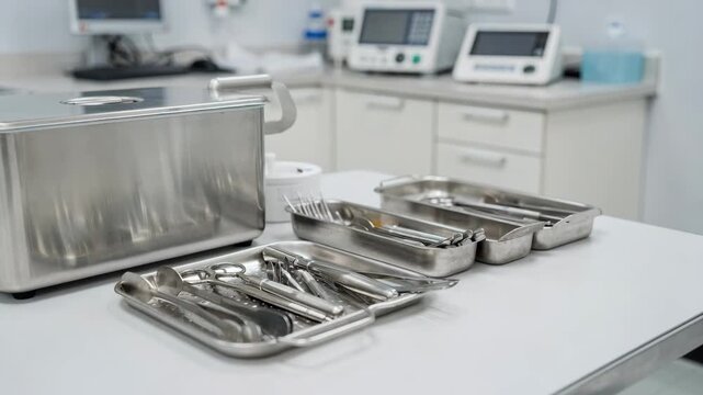 Focused medium shot showcasing the ultrasonic cleaner and sterilized tool trays on a counter in a minor surgery outpatient room with background equipment gently out of focus.