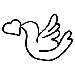 Obraz premium Flying dove holding heart icon in black outline isolated on white background for love, peace and charity concepts
