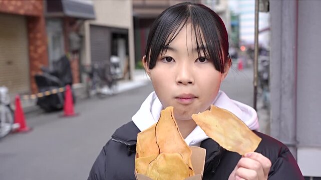 浅草で食べ歩きをする10代の女性