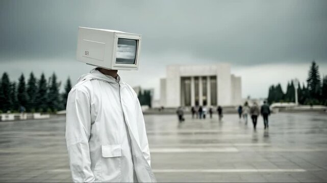 Man with white computer monitor head in urban square. Figure in white coat stands amid grand architecture and distant crowd under overcast sky. Technology fusion concept in public space