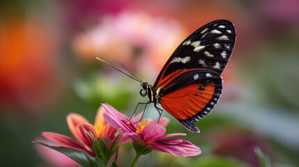 Naklejka premium Butterfly perched on colorful flower in garden