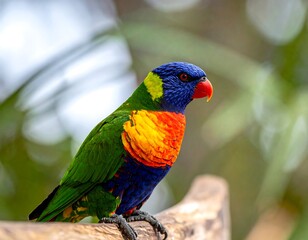 A vibrant, colorful parrot with a red beak perches on a wooden branch, green foliage background