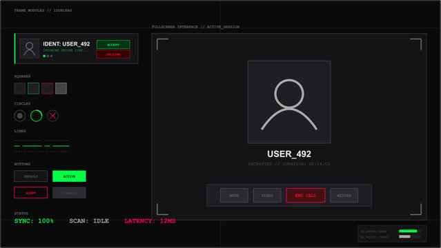 Futuristic secure communication interface screen displaying user profile and active session controls
