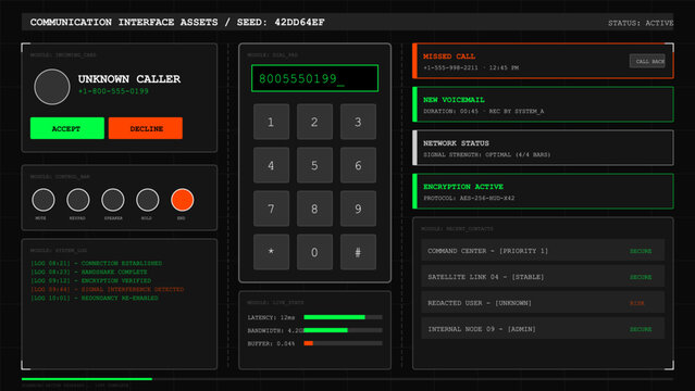 Futuristic communication interface assets with dial pad and secure network status display