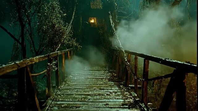 Misty wooden bridge in dark swamp forest. Fog rolling over rickety path leading to distant lantern light. Eerie atmospheric scene for fantasy horror adventure concepts