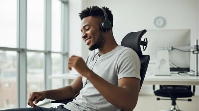 African American man smiling during phone call in office. Happy remote worker with headphones multitasking at desk computer. Professional communication and work from home concept