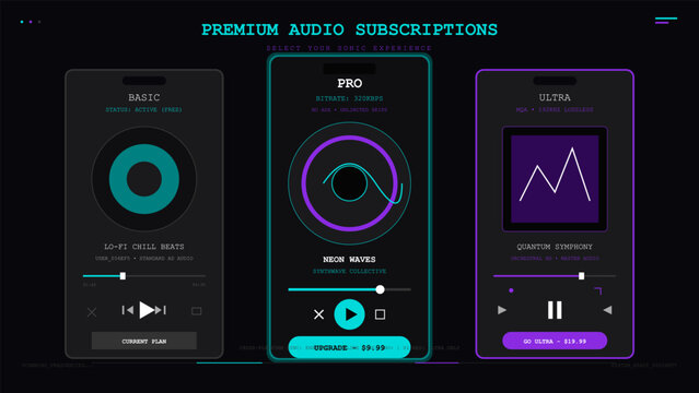 Dark mode user interface concept for premium audio subscription service showing three plan tiers