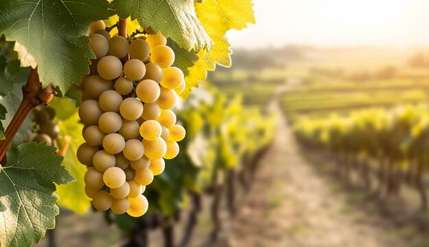 Golden yellow grapes hanging on vine in vineyard, ripe white wine grapes cluster on branch with green leaves, rows of grapevines in background leading to misty hills