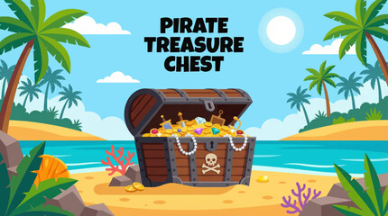 classic pirate treasure chest placed on a tropical beach with sand and rocks, designed for adventure branding, game assets, and storytelling visuals © Evan