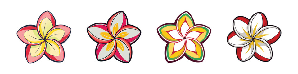 Obraz premium Plumeria Flowers Set in Various Colors and Styles, Flat Design Vector Illustration