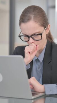 Sick Businesswoman with Cought at Work, vertical video