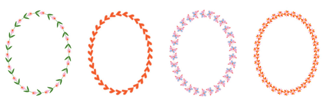 Set of spring oval decorative frames with flowers, hearts and butterflies in pastel colors. Cute floral borders for greeting cards, wedding invitations, posters, stationery, scrapbooking, social media