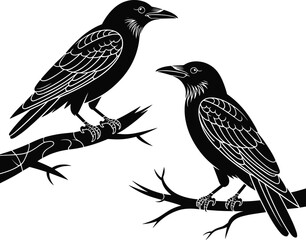 Obraz premium Two black ravens perched on tree branches dark monochrome engraving style bird illustration isolated on black background gothic artwork