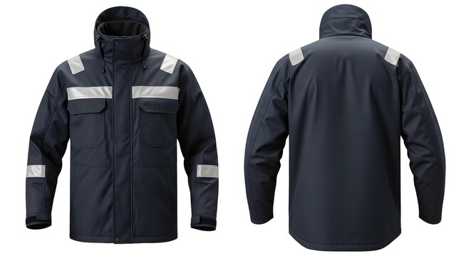 Navy Blue High-Visibility Hooded Safety Work Jacket with Reflective Stripes, Front and Back View Isolated