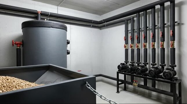 Modern Biomass Heating System with Wood Pellets and Water Tank in a Clean Industrial Utility Room, Featuring Pipes, Pumps, and Sustainable Energy I...