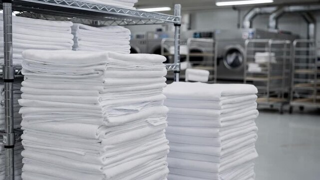 Medium shot of neatly folded stacks of hospitalgrade linens on metal shelves in a highvolume laundry area focus on fabric detail storage area and machinery blurred furthest back.