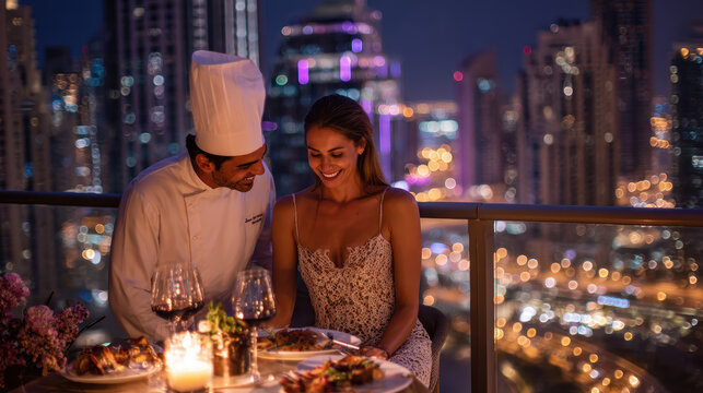 Chef assisting woman at a cityscape rooftop dining table