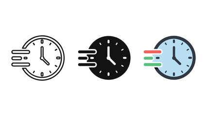 Three different clock icons showing time and motion