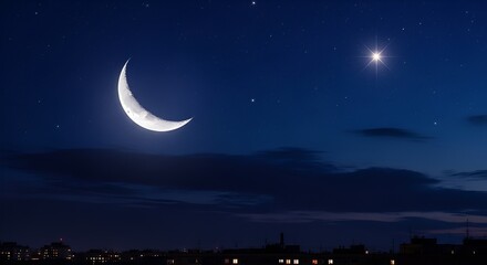 Crescent Moon and Bright Star in Night Sky Over Cityscape, Ramadan and Eid Concept, Peaceful Evening Atmosphere, Copy Space for Text