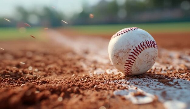 White baseball with red stitching sitting on orange-red clay infield dirt next to white chalk baseline, close-up ground level shot, professional baseball field surface

