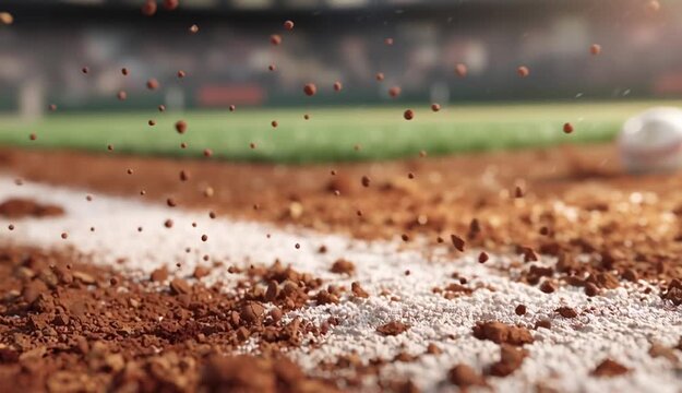 White baseball with red stitching sitting on orange-red clay infield dirt next to white chalk baseline, close-up ground level shot, professional baseball field surface
