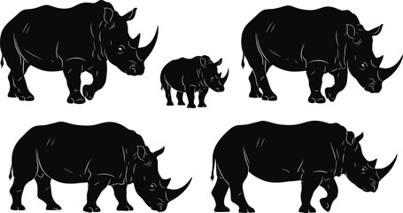 Rhinoceros silhouette collection, black wildlife poses, adult and baby rhino design, nature vector elements, animal graphic illustration set © MstHafiza
