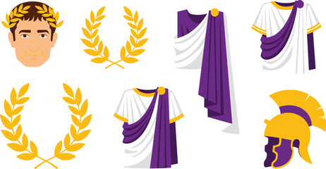 Obraz premium Roman emperor head with toga clothing and golden laurel wreath vector illustration graphics