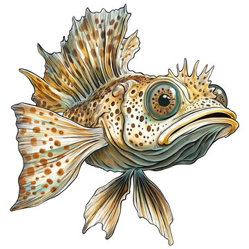 Colorful cartoon blob sculpin fish with spiky fins and big eye isolated on transparent background